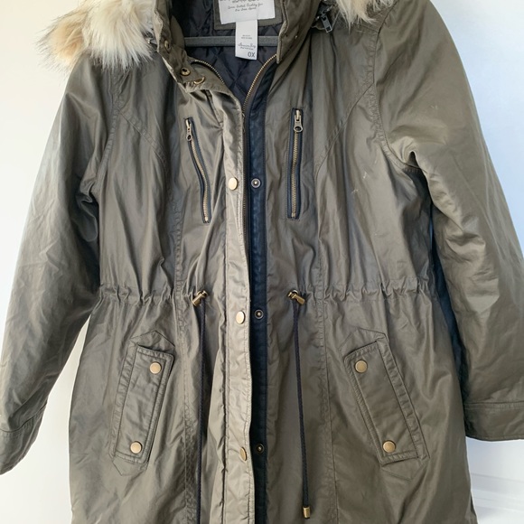 ANORAK OLIVE GREEN PARKA JACKET SIZE 0X, FUR COLLAR HOOD, CINCHED WAIST, NWOT, - Picture 4 of 6